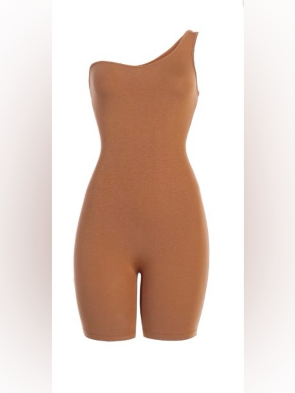 JLUXLABEL One-Shoulder Ribbed Unitard in Camel Brown
